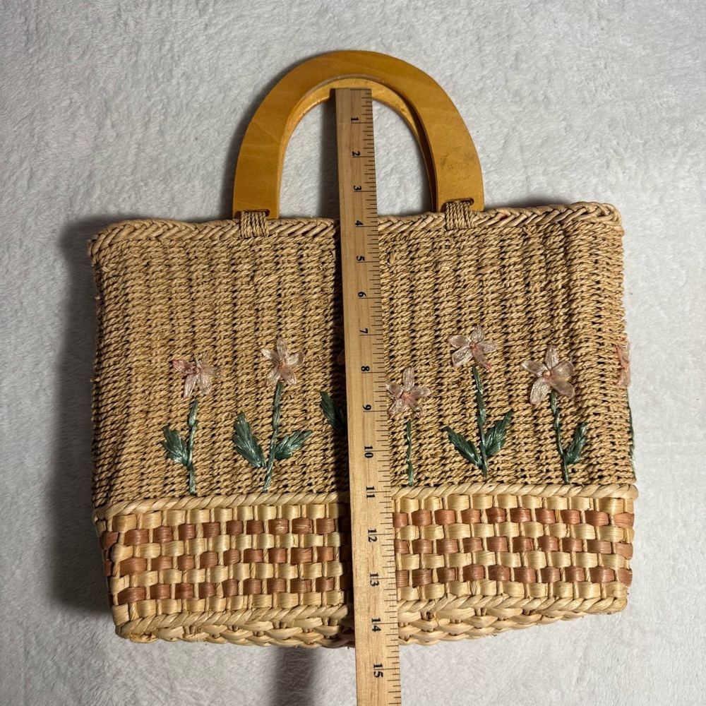 Vintage 90s Tan Floral Woven Tote Bag, Boho Fairy Cottagecore - Picture 6 of 6